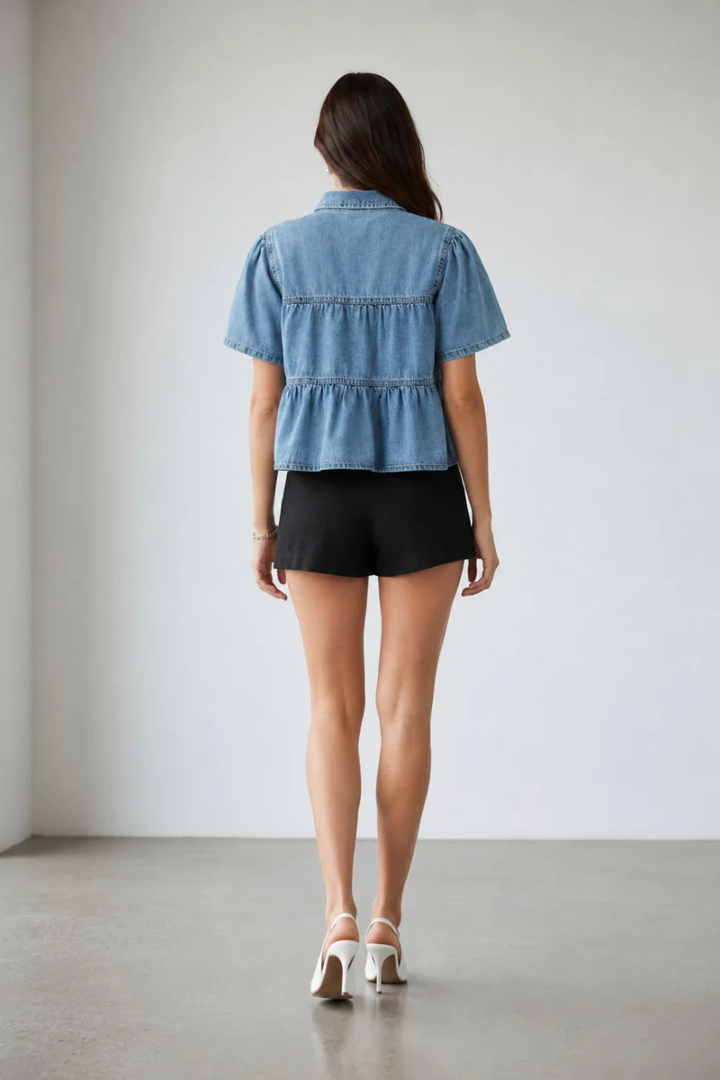 Nara|100% Cotton Tiered Cropped Denim Shirt