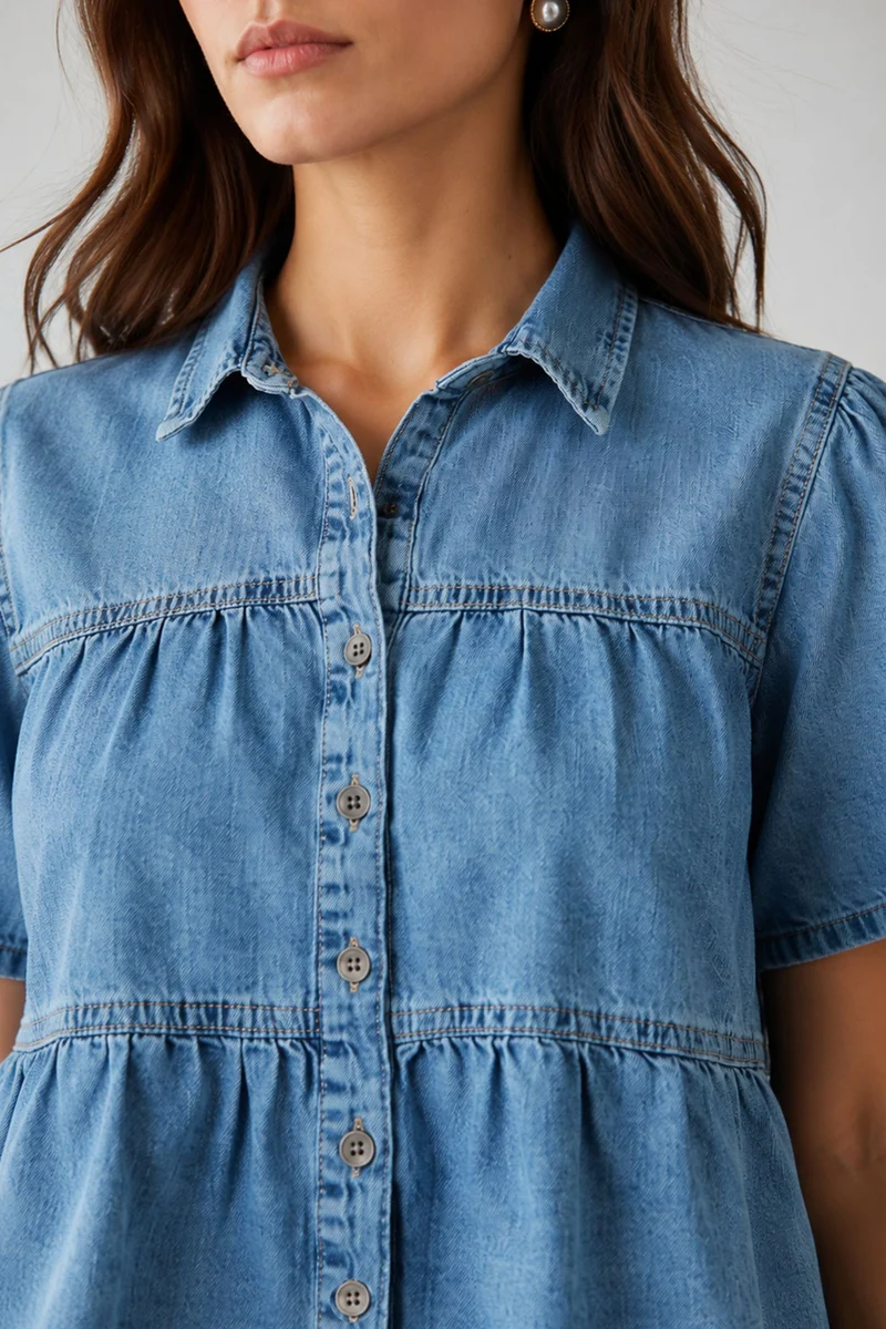 Nara|100% Cotton Tiered Cropped Denim Shirt