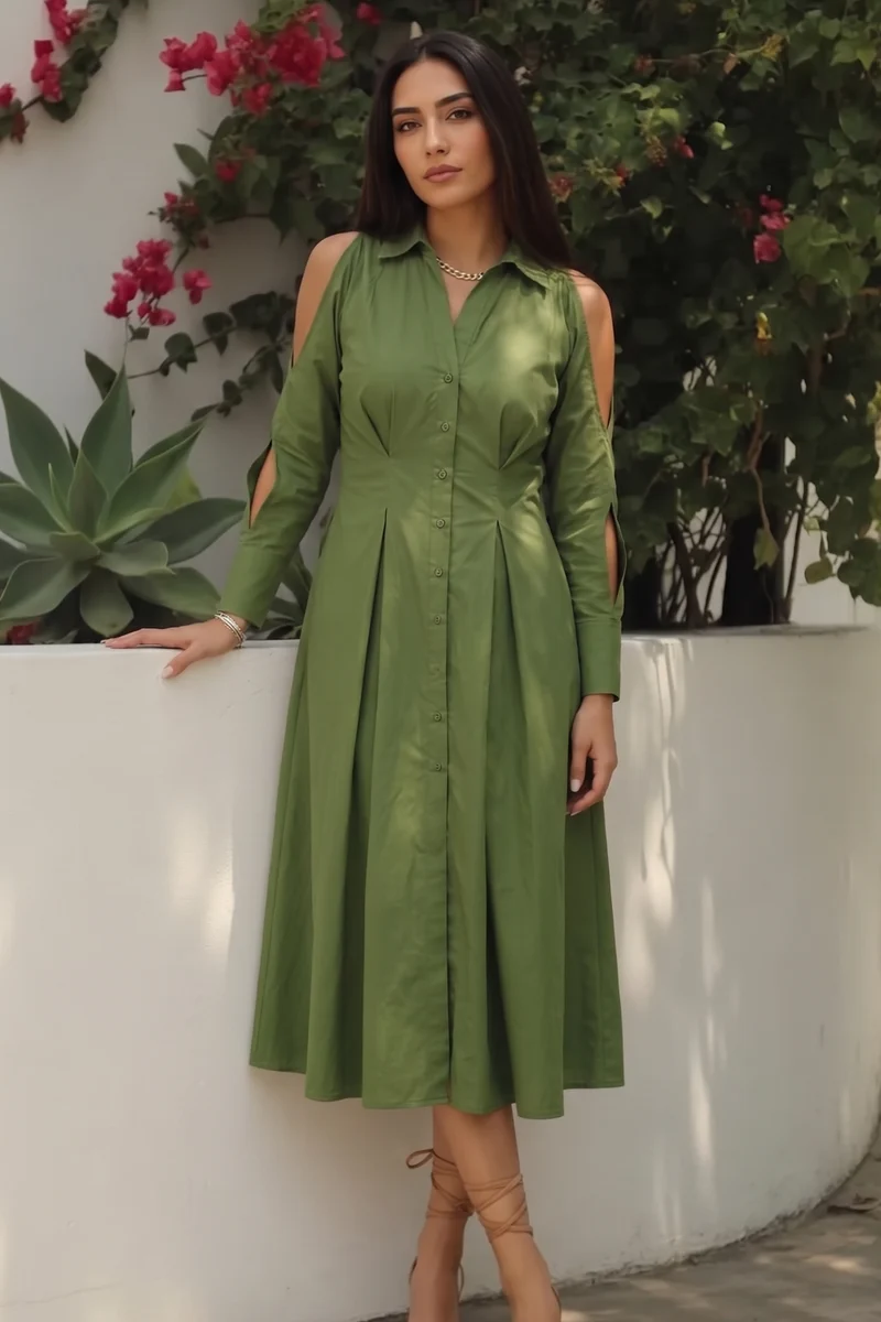 Aarvi|100% Cotton Cold Shoulder Midi Shirt Dress