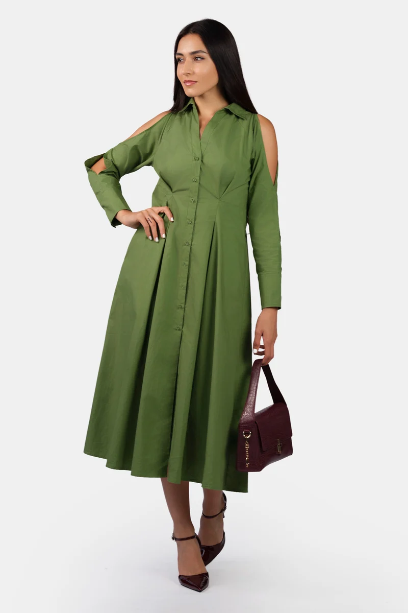 Aarvi|100% Cotton Cold Shoulder Midi Shirt Dress