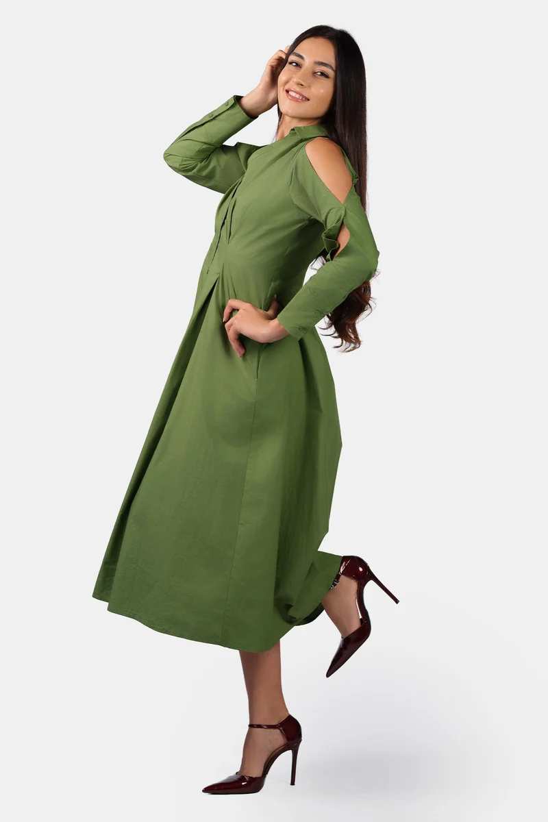 Aarvi|100% Cotton Cold Shoulder Midi Shirt Dress