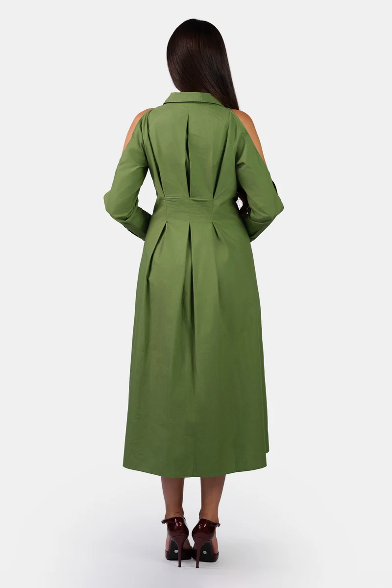 Aarvi|100% Cotton Cold Shoulder Midi Shirt Dress