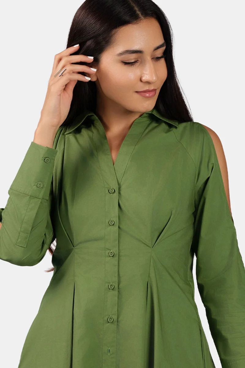 Aarvi|100% Cotton Cold Shoulder Midi Shirt Dress