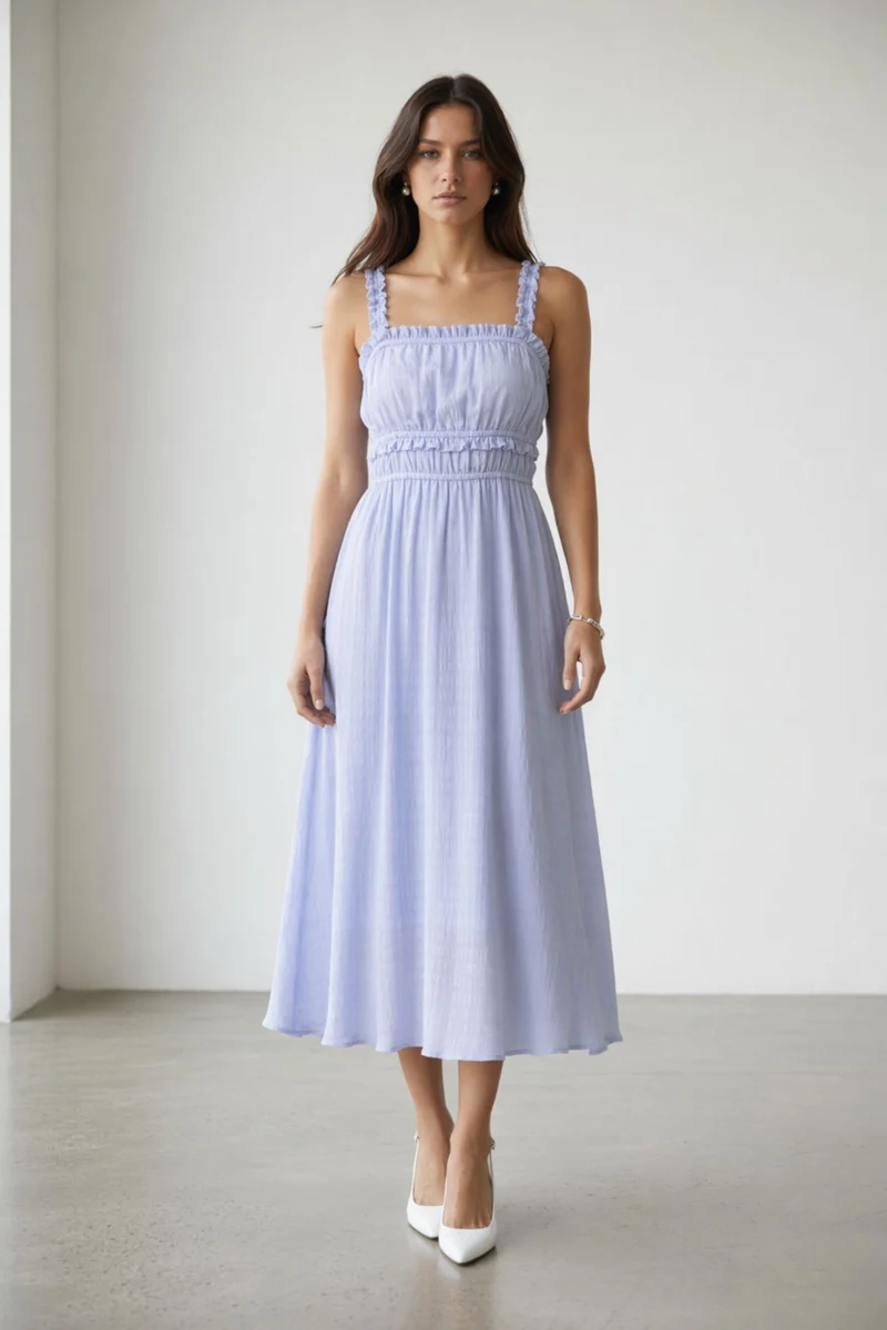 Arai|100% Viscose Ruched Ruffle Midi Dress