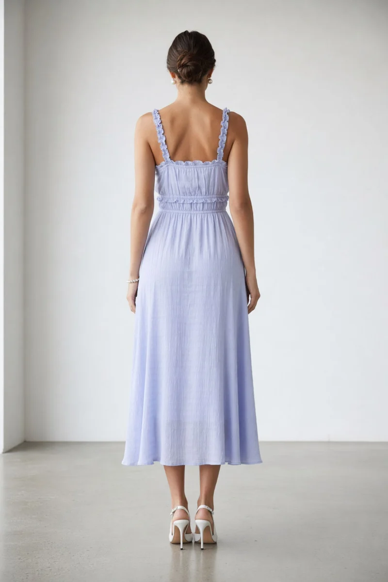 Arai|100% Viscose Ruched Ruffle Midi Dress
