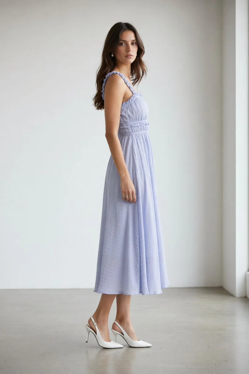 Arai|100% Viscose Ruched Ruffle Midi Dress