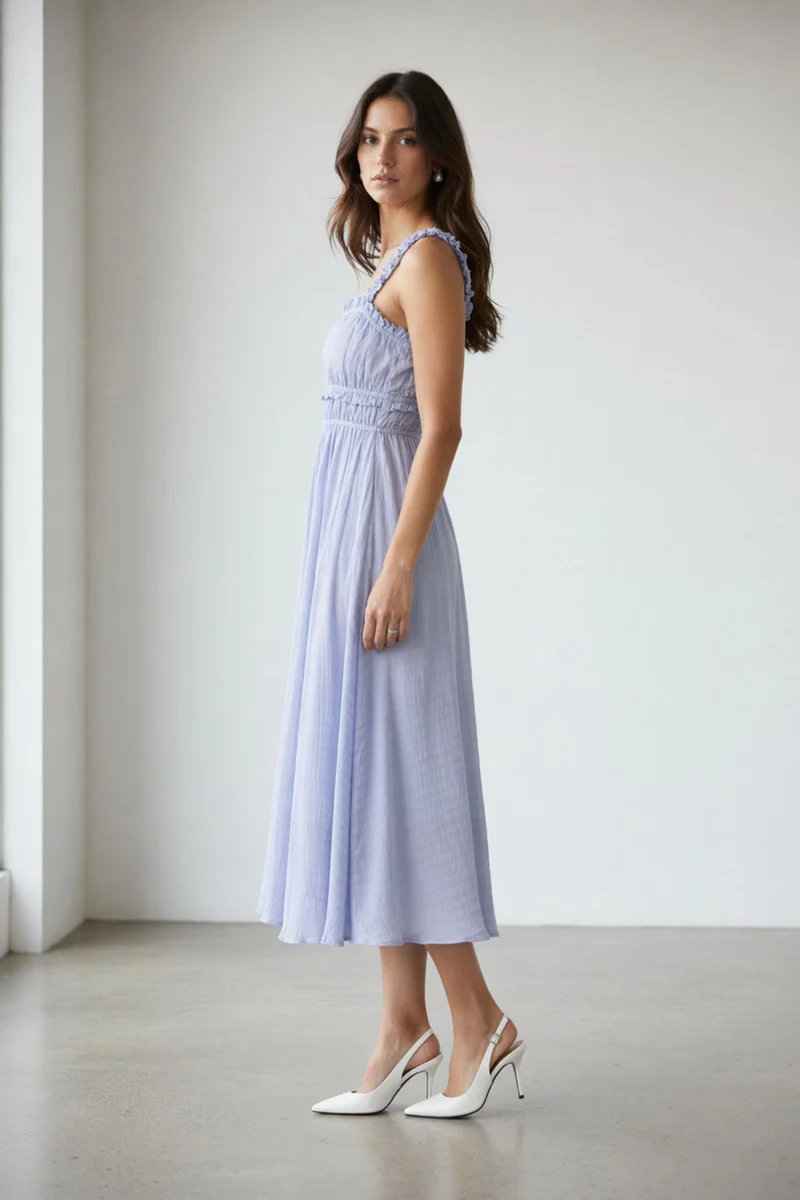 Arai|100% Viscose Ruched Ruffle Midi Dress