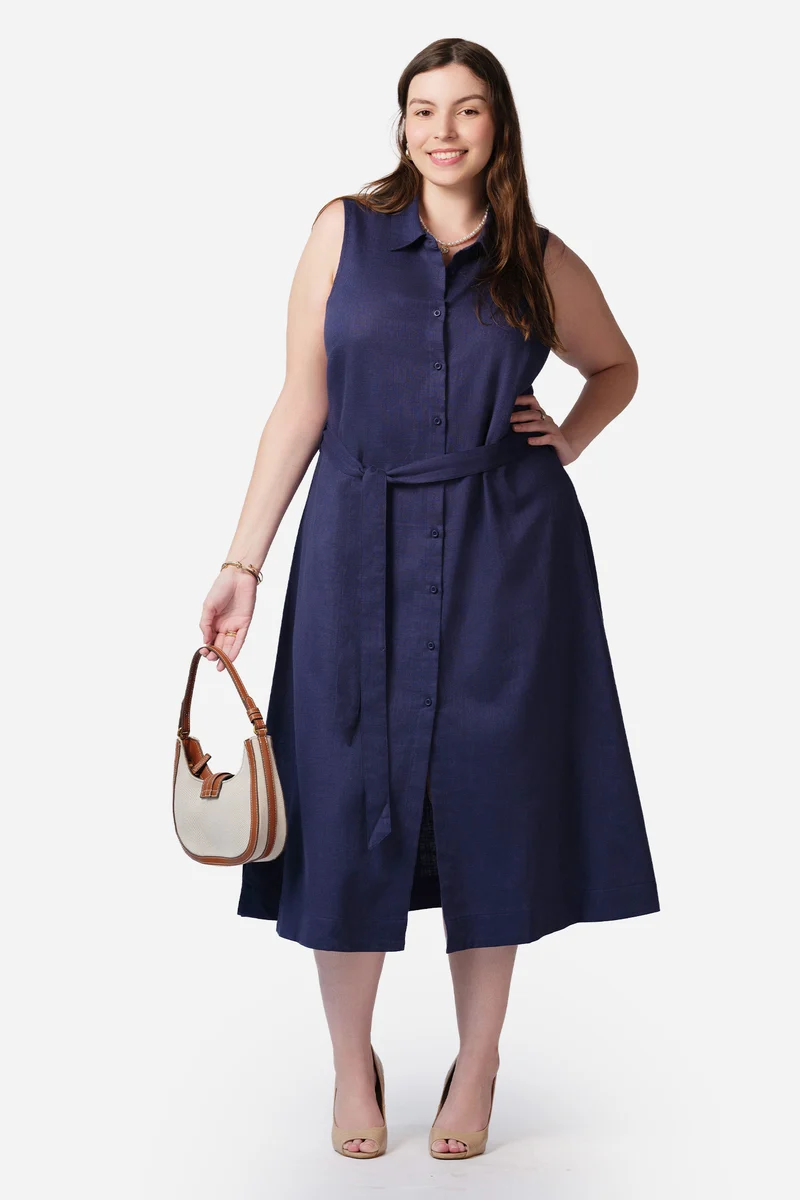 Rabia|100% Viscose Sleeveless Midi Shirt Dress
