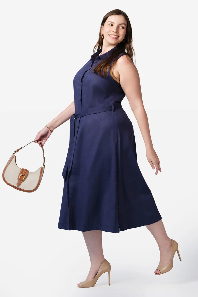 Rabia|100% Viscose Sleeveless Midi Shirt Dress