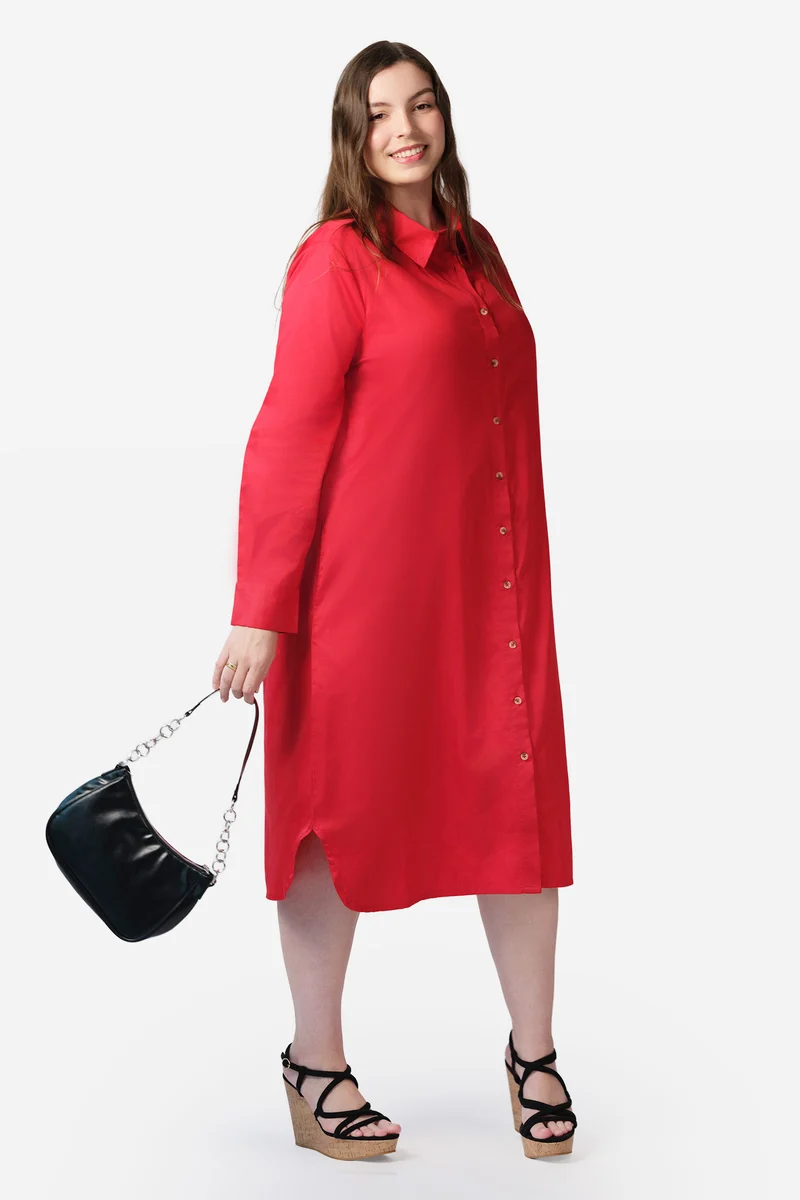 Hane|100% Cotton Midi Shirt Dress