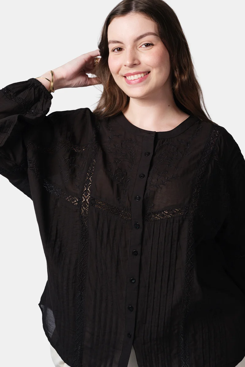 Pelin|Cotton Shirt With Lace And Embroidery