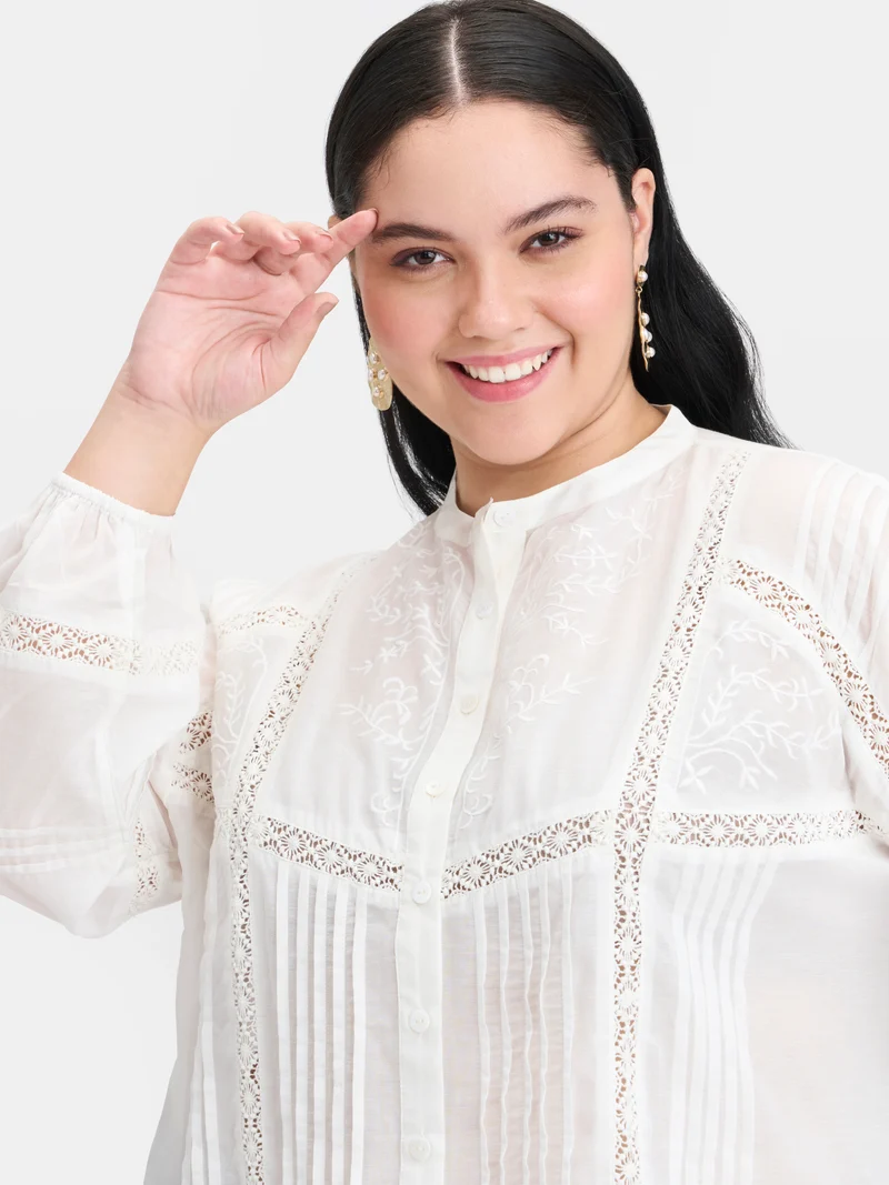 Chiara|Cotton Shirt With Lace And Embroidery