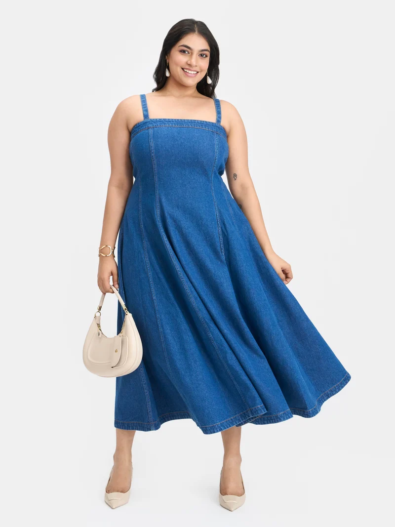 Sita|100% Cotton Denim Buttoned Flared Dress