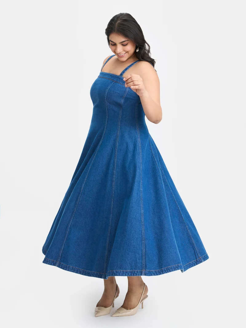 Sita|100% Cotton Denim Buttoned Flared Dress