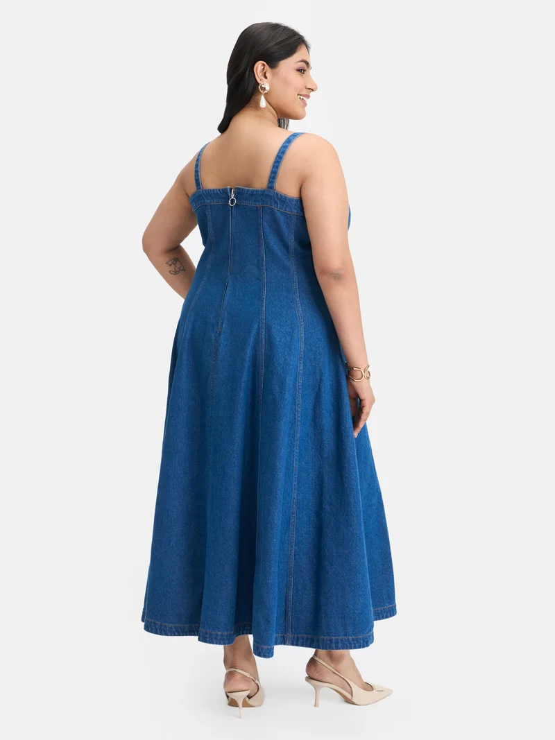 Sita|100% Cotton Denim Buttoned Flared Dress
