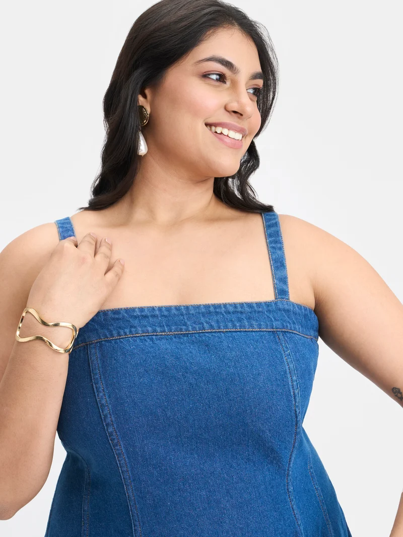 Sita|100% Cotton Denim Buttoned Flared Dress