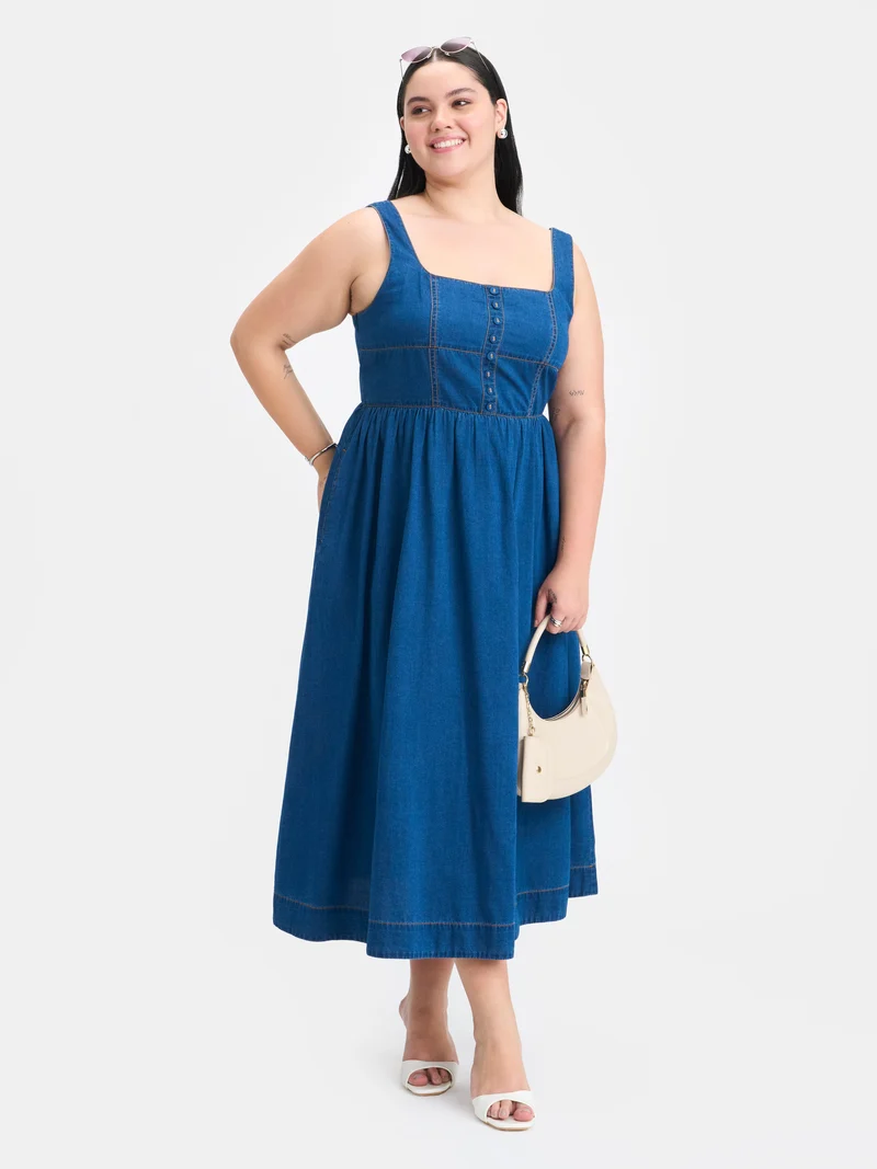 Rosalia|100% Cotton Denim Panelled Flared Dress