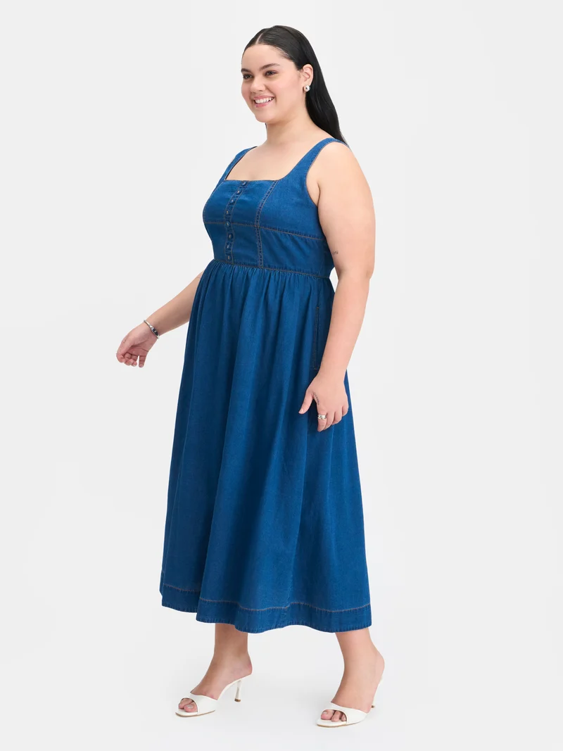 Rosalia|100% Cotton Denim Panelled Flared Dress