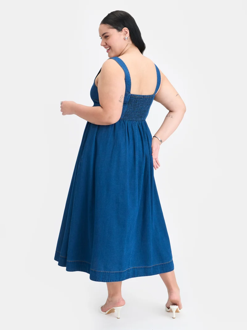 Rosalia|100% Cotton Denim Panelled Flared Dress