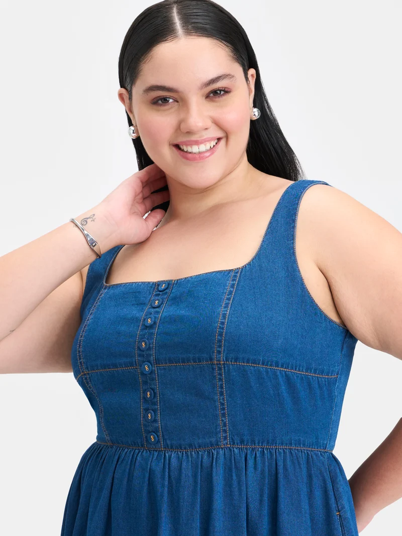 Rosalia|100% Cotton Denim Panelled Flared Dress