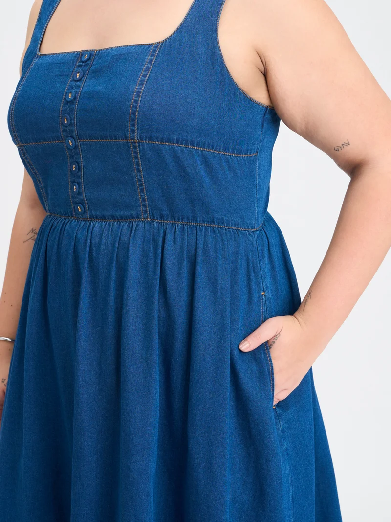 Rosalia|100% Cotton Denim Panelled Flared Dress