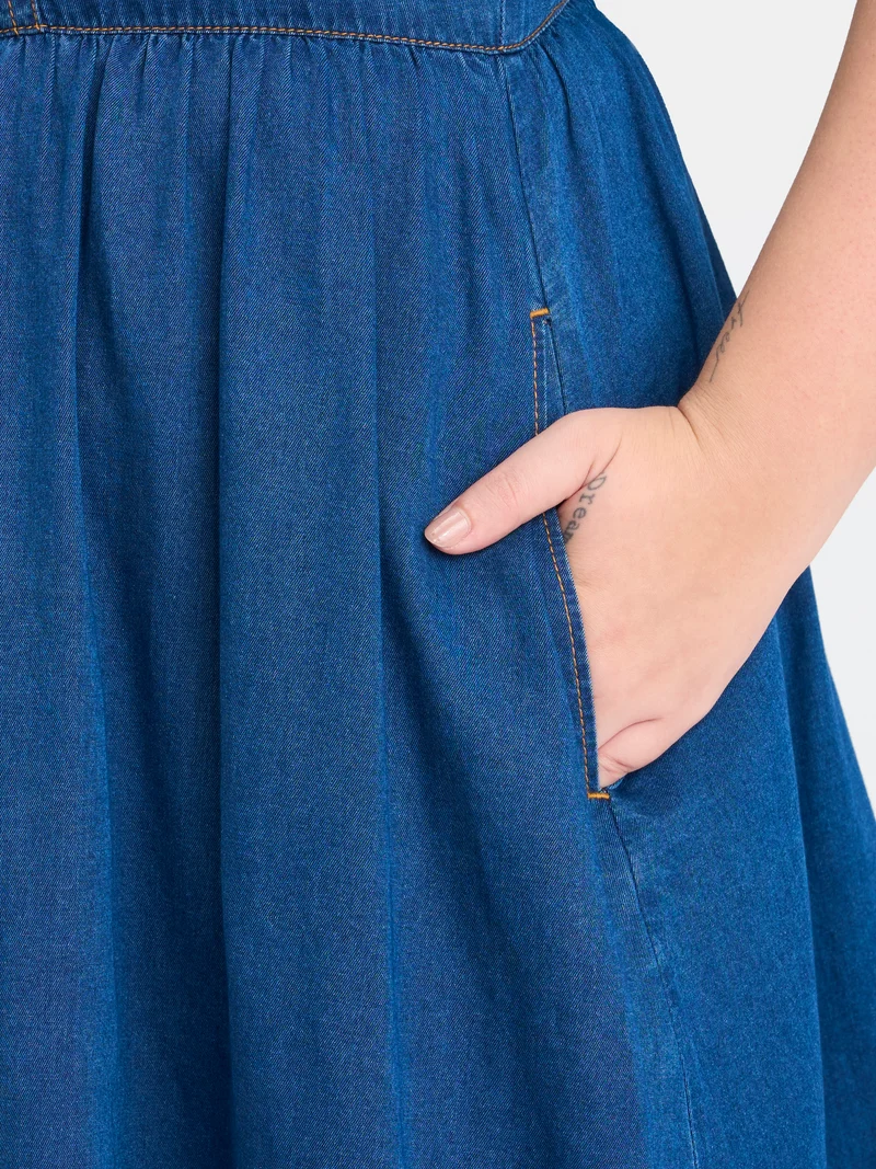 Rosalia|100% Cotton Denim Panelled Flared Dress