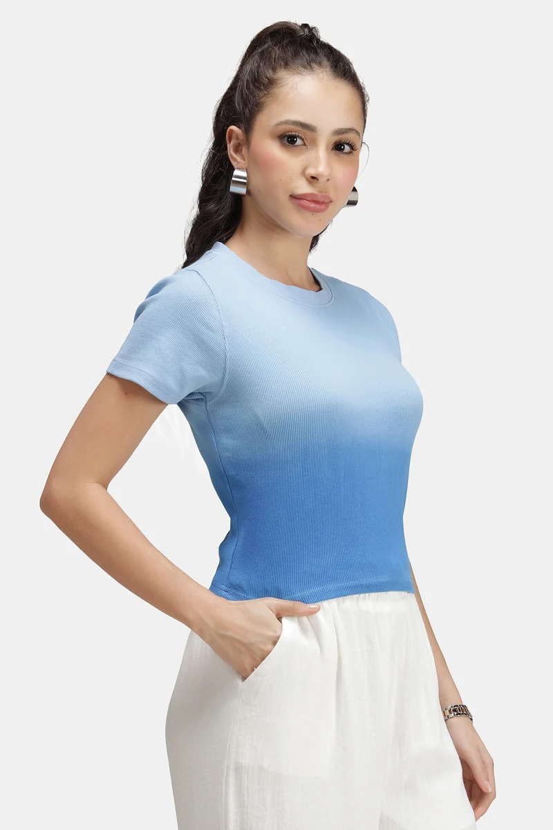 Ilya|Cotton Blue Ombre Dip Dye Rib Top