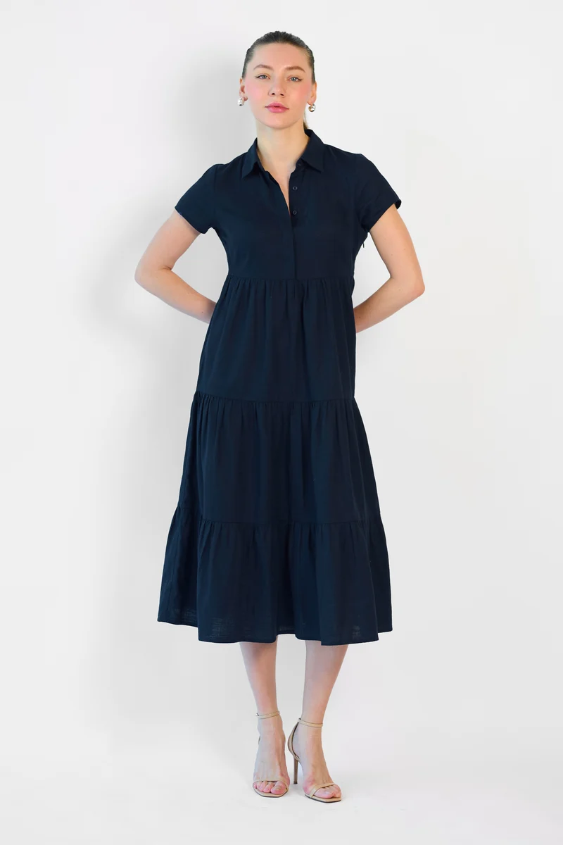 Eline|100% Cotton Shirt Dress Tiered Fit & Flare