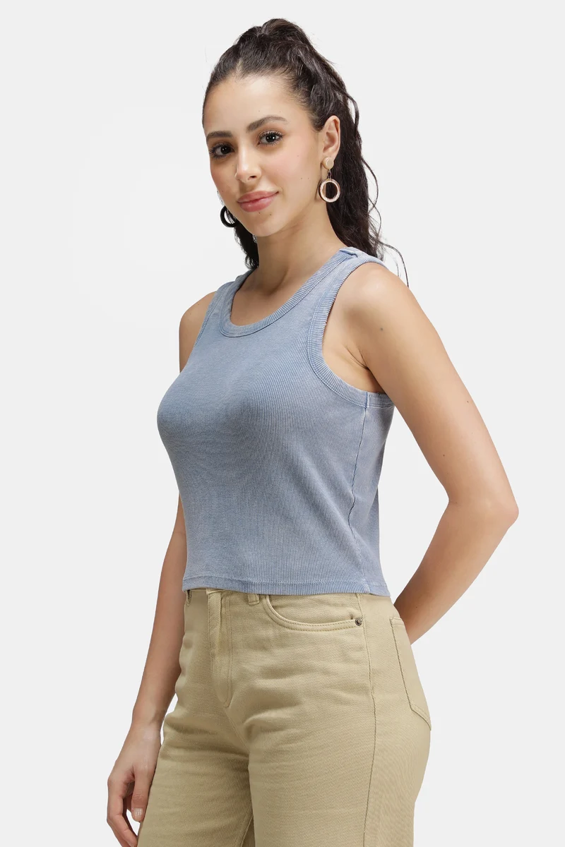 Kiwi|Cotton Blue Overdyed Ribbed Crop Tank