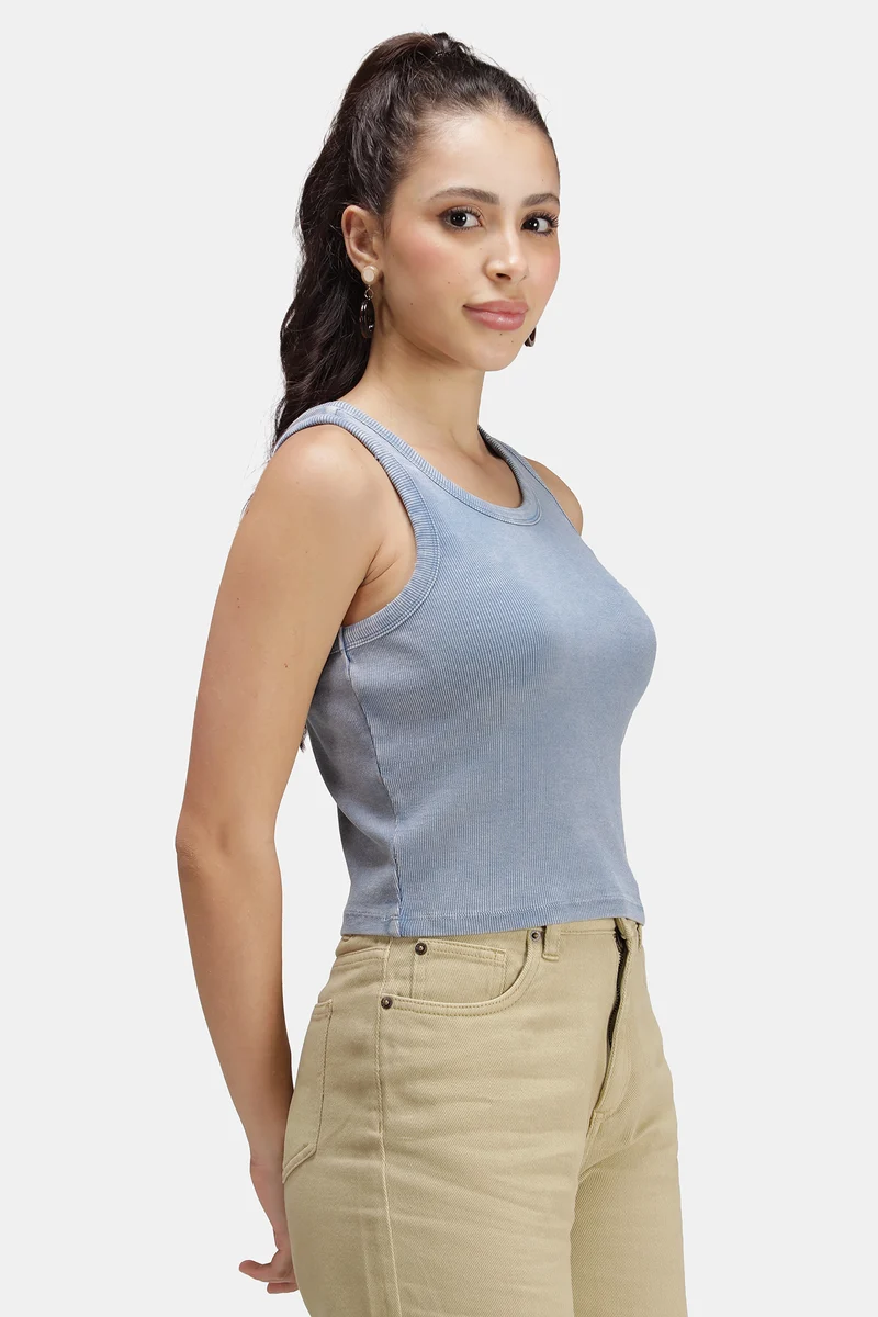 Kiwi|Cotton Blue Overdyed Ribbed Crop Tank