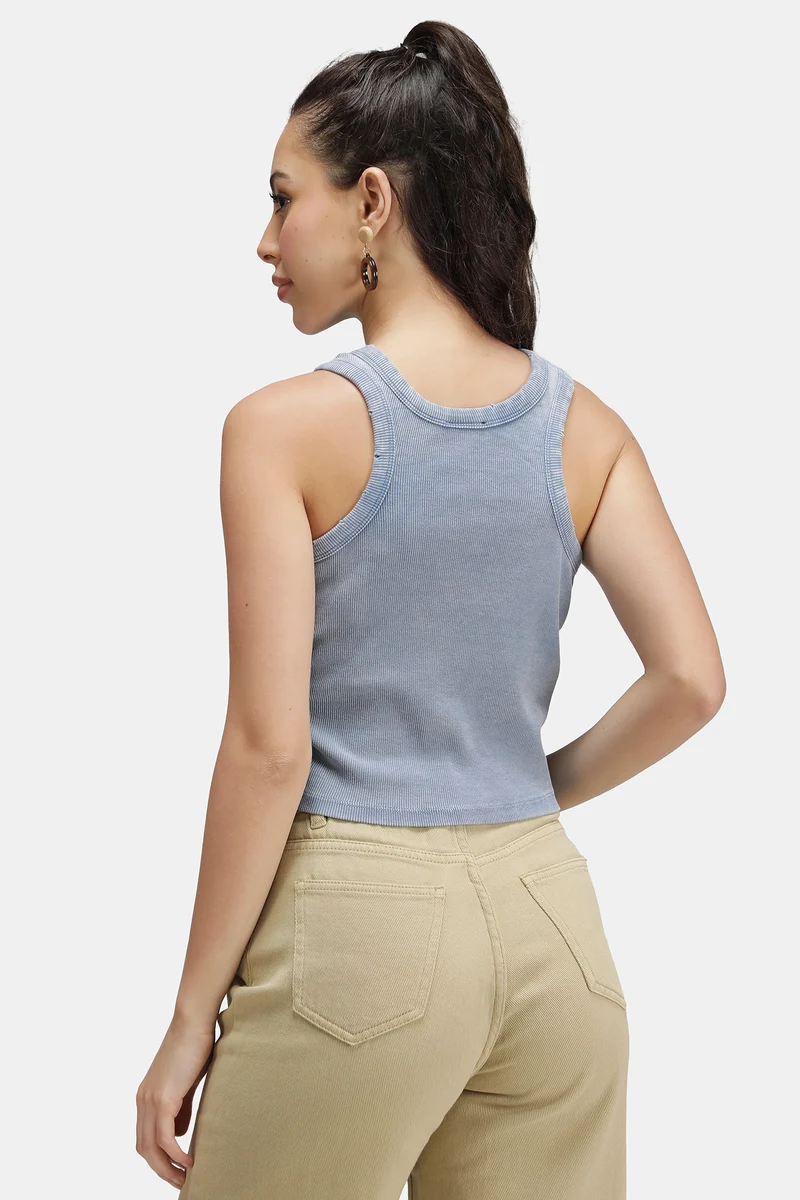 Kiwi|Cotton Blue Overdyed Ribbed Crop Tank