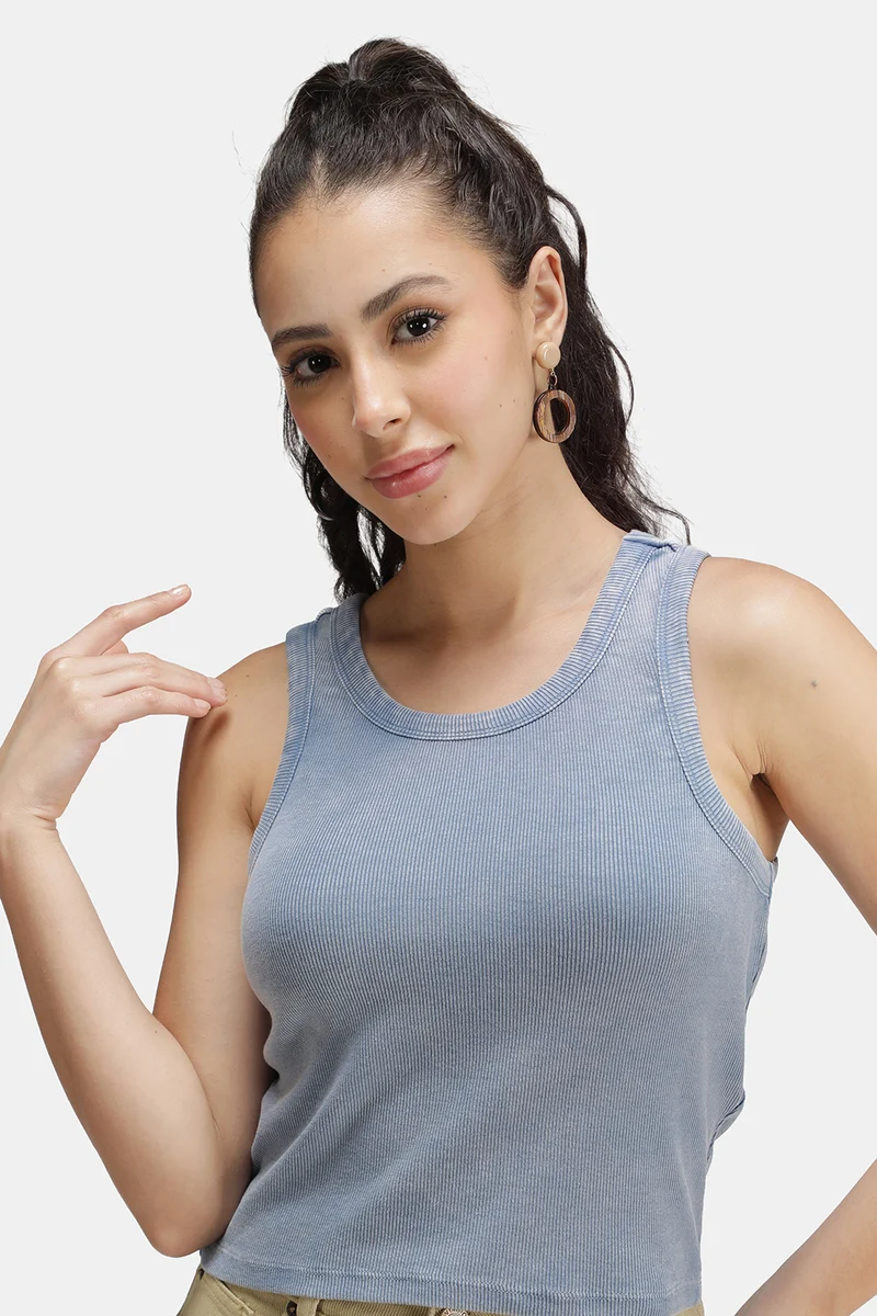 Kiwi|Cotton Blue Overdyed Ribbed Crop Tank