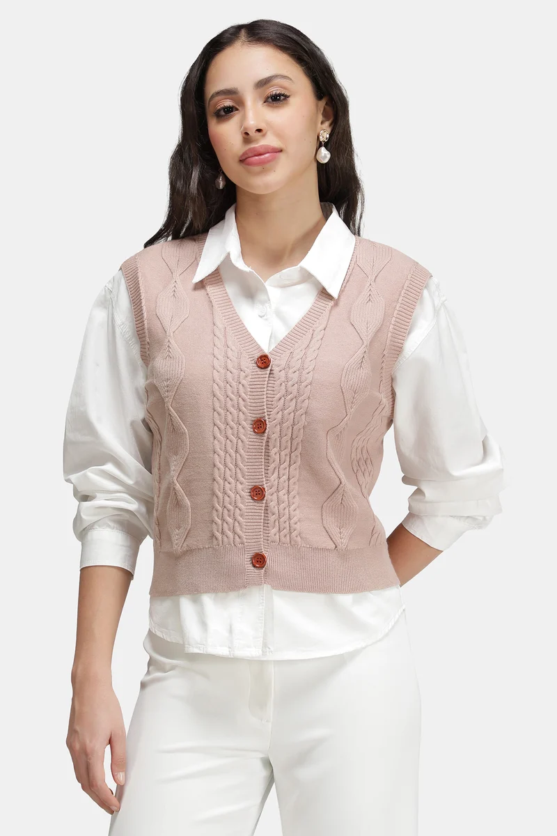 Ellis|Viscose Cable Knit Sleeveless Cardigan