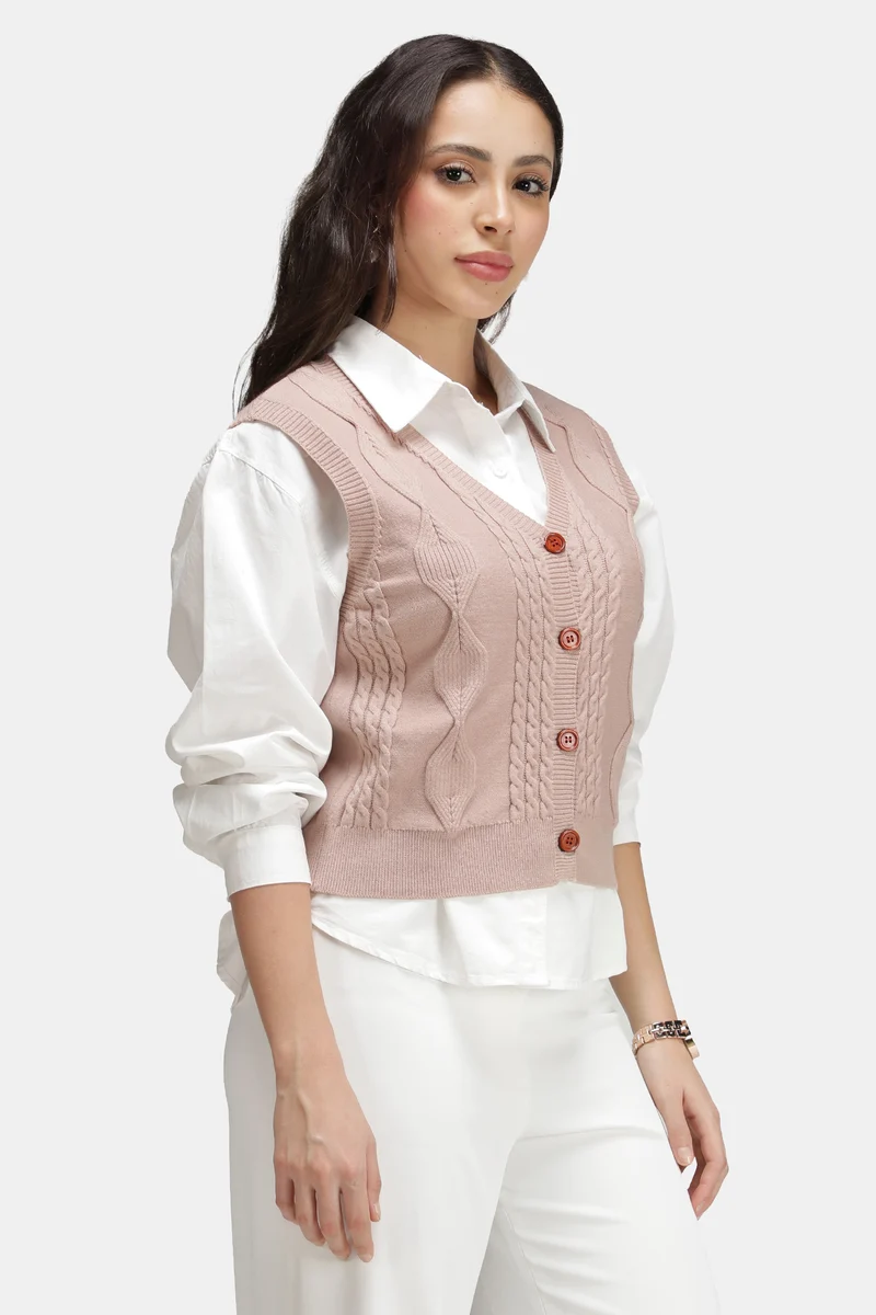 Ellis|Viscose Cable Knit Sleeveless Cardigan