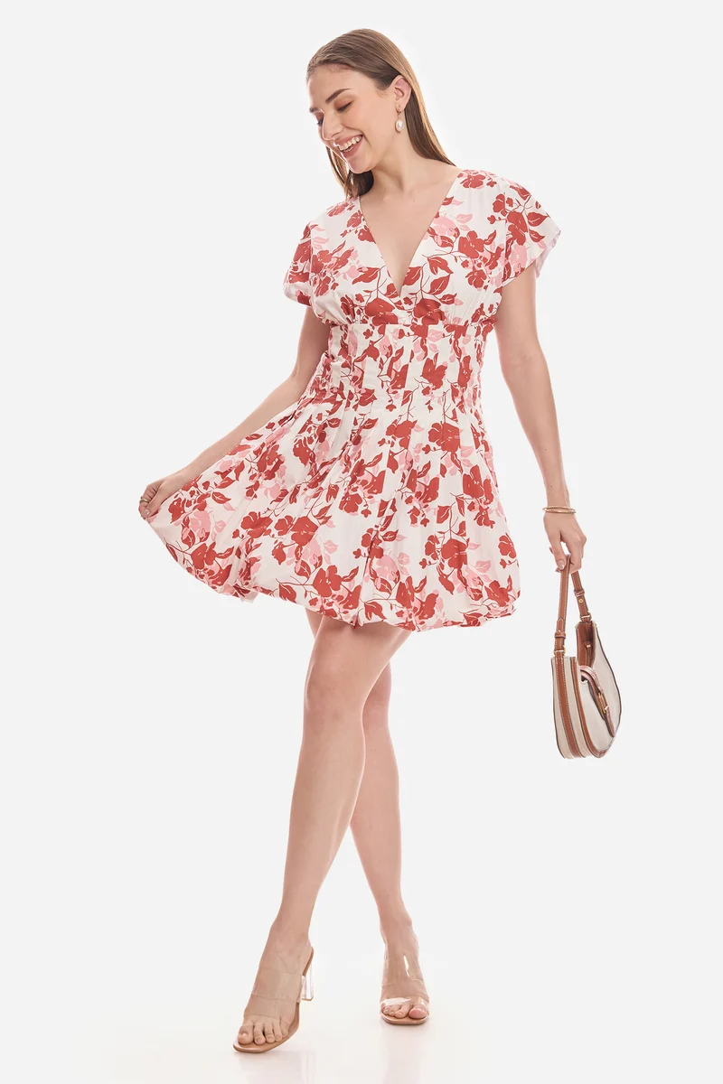 Noura|100% Cotton Pleated Bubble Hem Dress