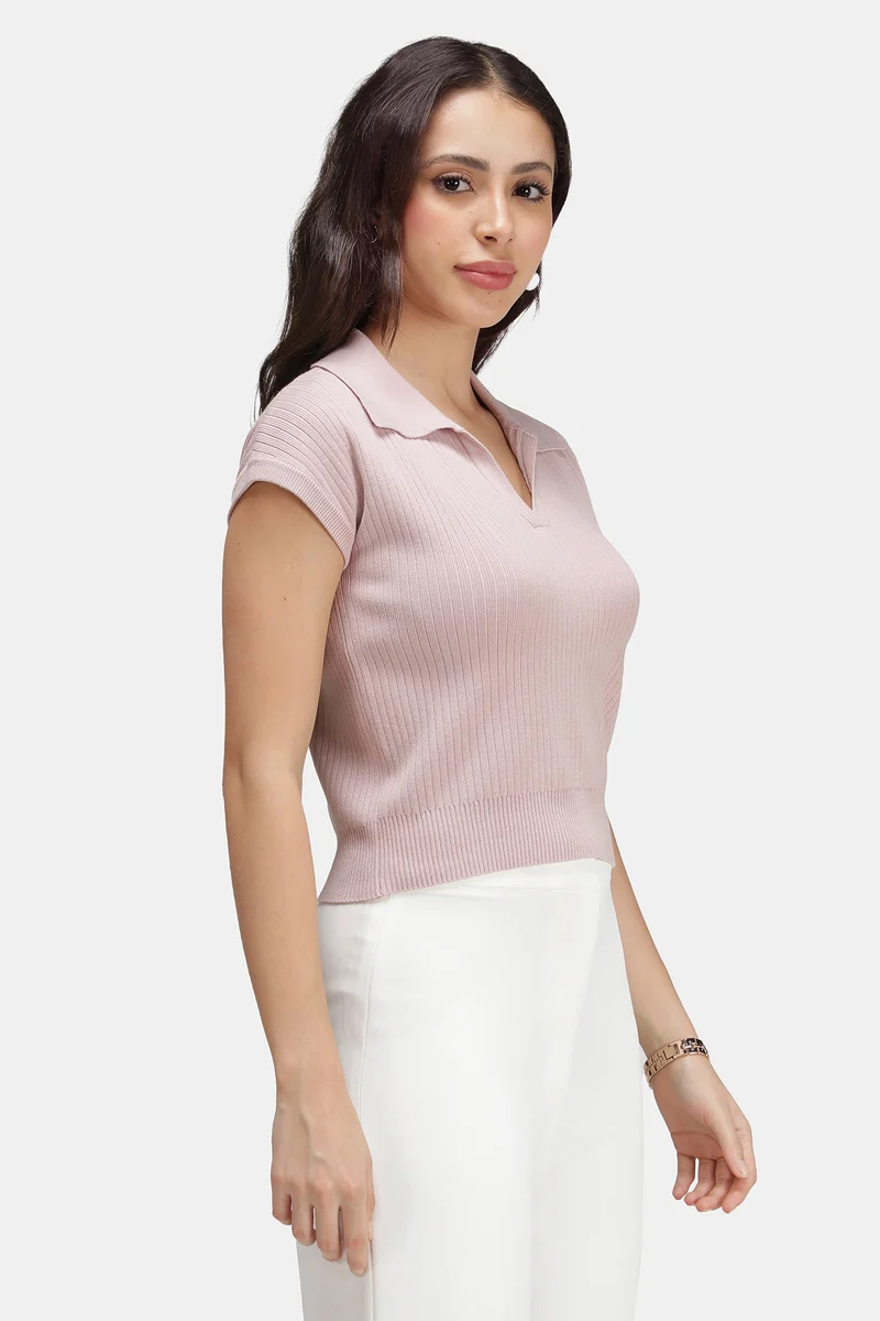 Mica|Viscose Ribbed Knit Crop Polo Vest