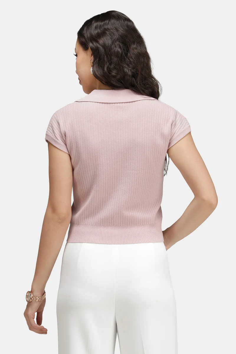 Mica|Viscose Ribbed Knit Crop Polo Vest