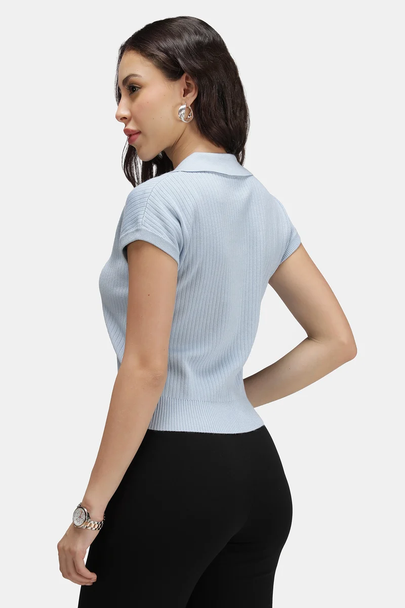 Damon|Viscose Ribbed Knit Crop Polo Vest