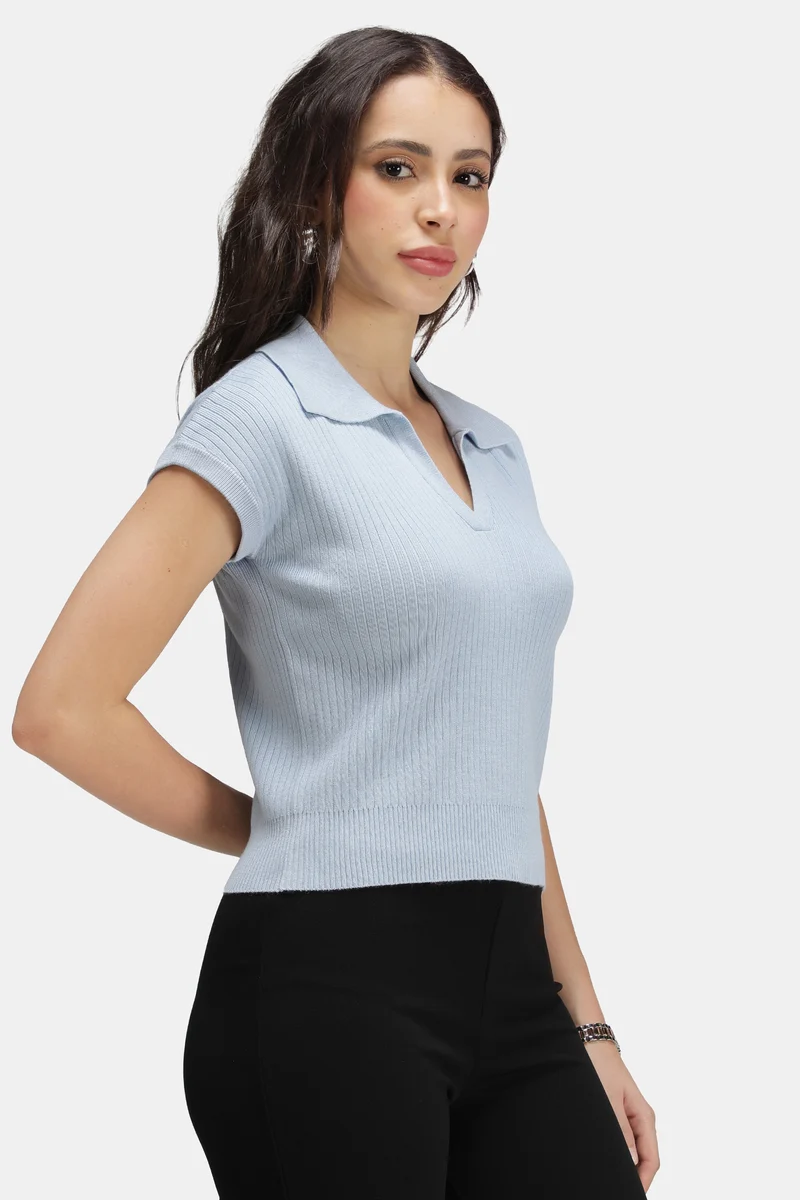 Damon|Viscose Ribbed Knit Crop Polo Vest