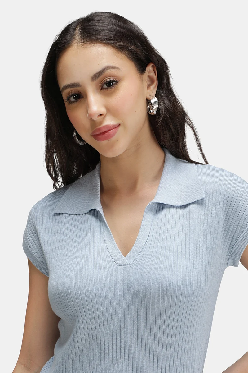 Damon|Viscose Ribbed Knit Crop Polo Vest