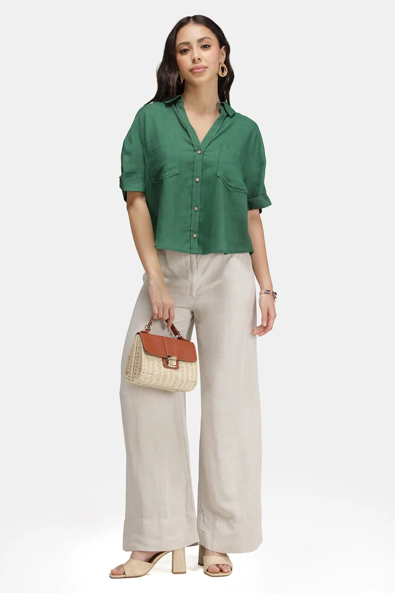 Maple|Linen Boxy Shirt With Curved Hem