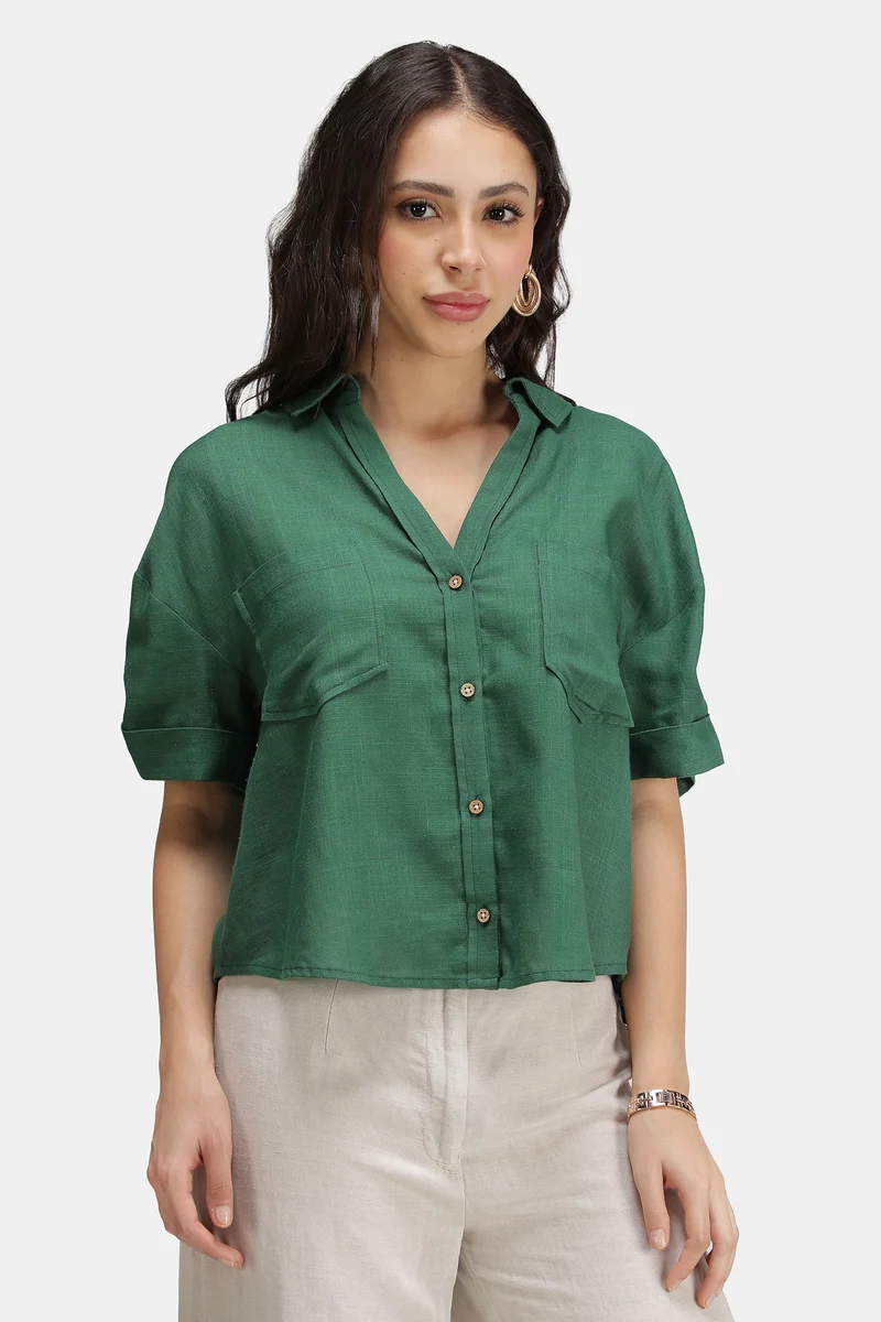 Maple|Linen Boxy Shirt With Curved Hem