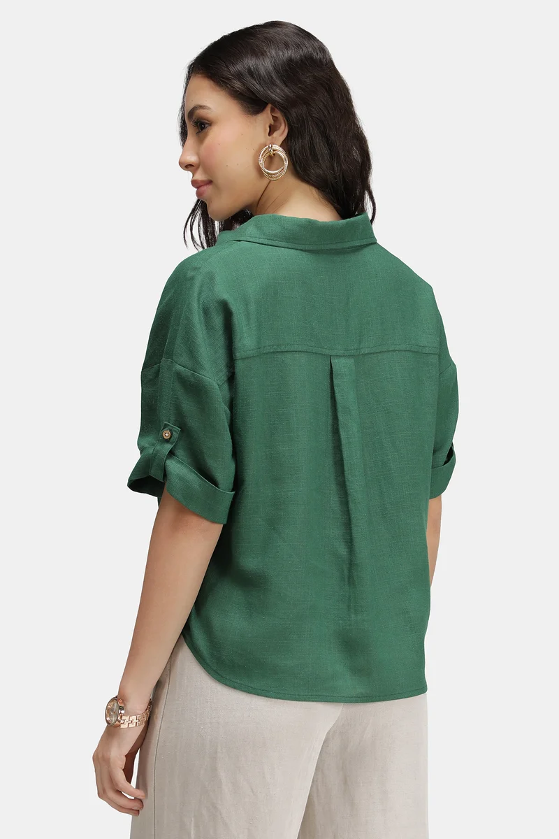 Maple|Linen Boxy Shirt With Curved Hem