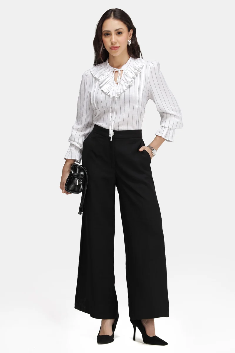 Liona|Linen Striped Ruffle Neck Top