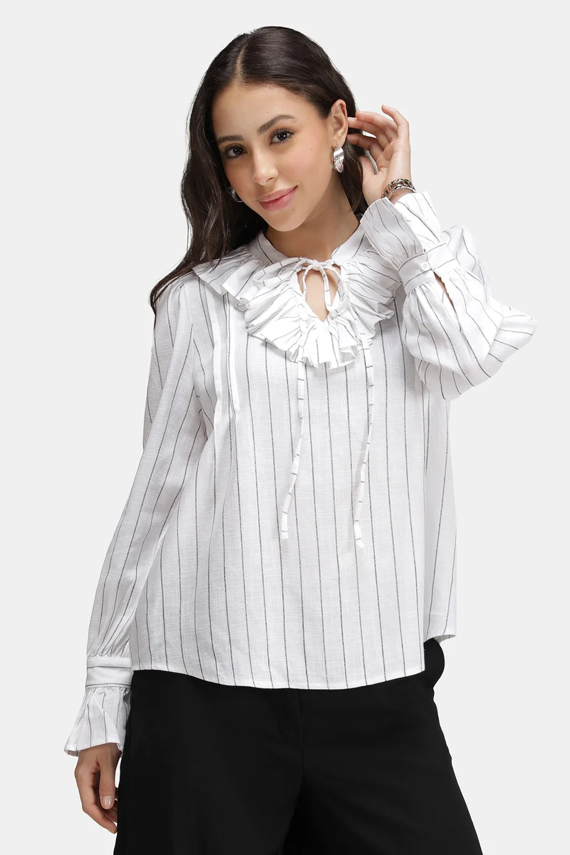 Liona|Linen Striped Ruffle Neck Top