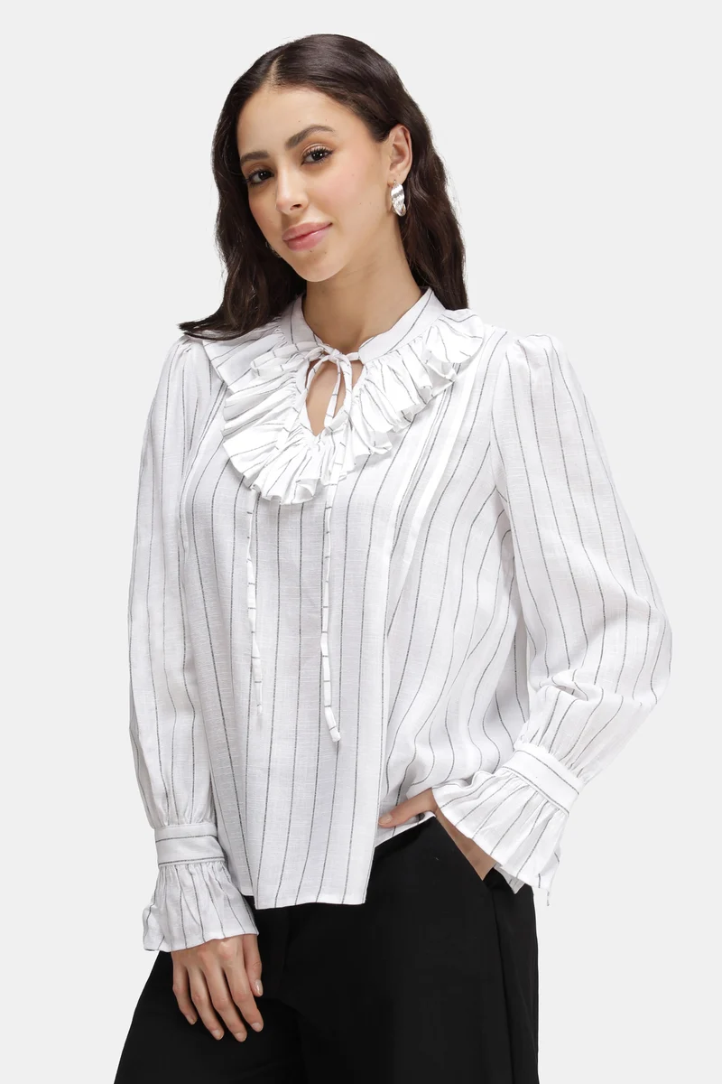 Liona|Linen Striped Ruffle Neck Top