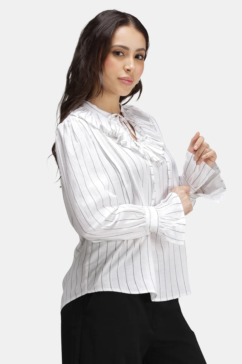 Liona|Linen Striped Ruffle Neck Top