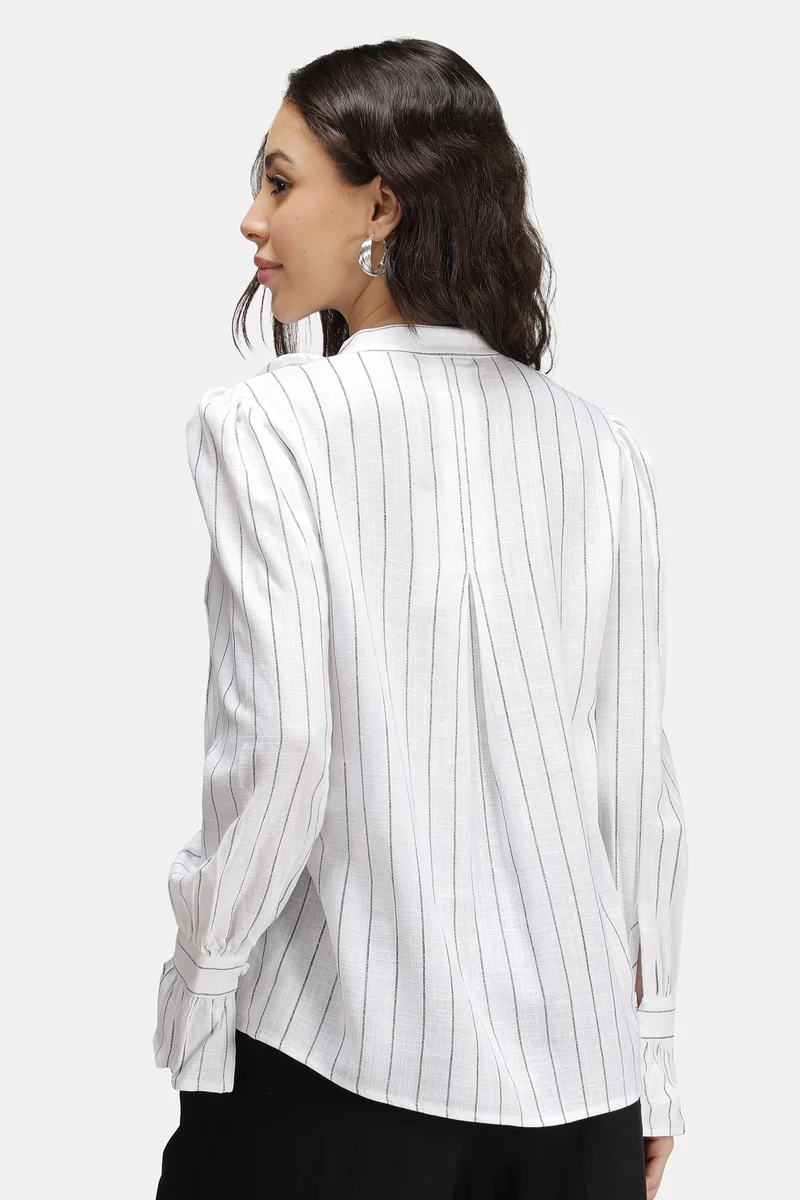 Liona|Linen Striped Ruffle Neck Top