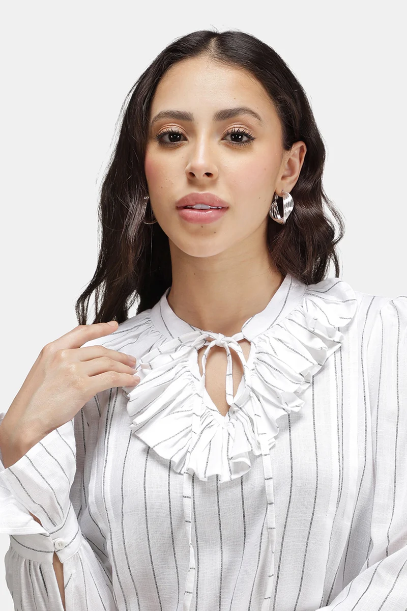 Liona|Linen Striped Ruffle Neck Top
