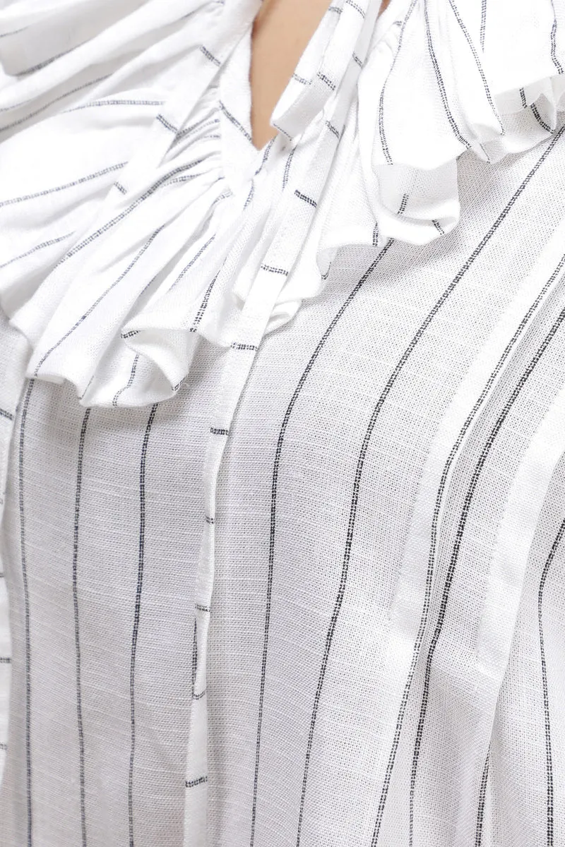 Liona|Linen Striped Ruffle Neck Top